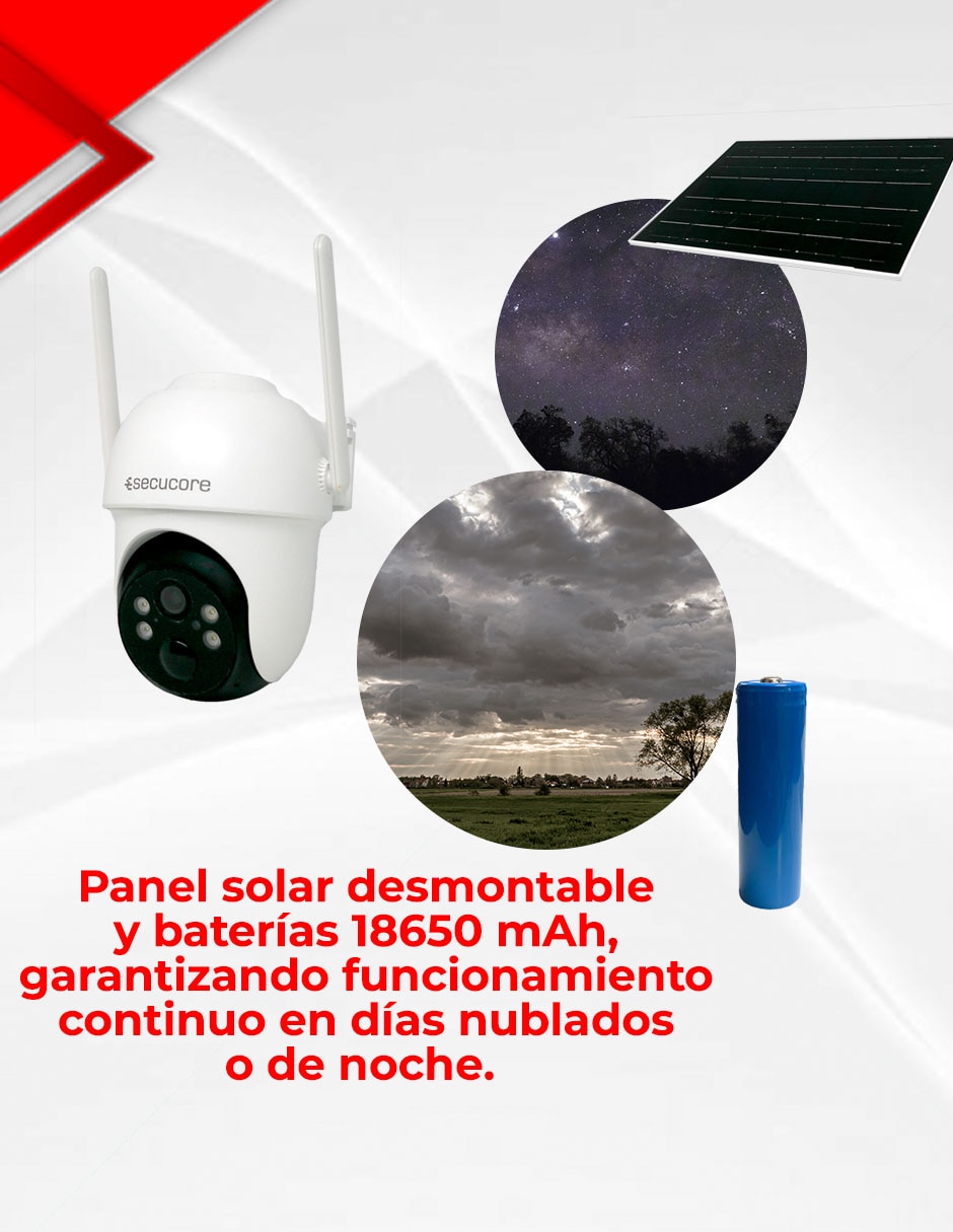Cámara solar 4G de seguridad Secucore inalámbrica 2K 75° con capacidad para grabar visión nocturna para exterior