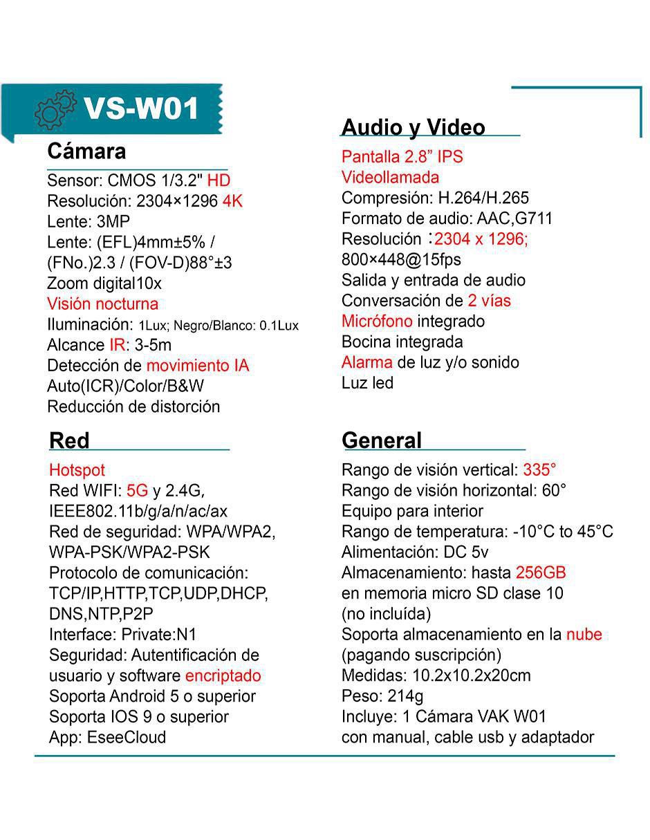 Cámara individual de seguridad modelo VS-W01 inalámbrica 4K/UHD 60 con visión nocturna para interior 6