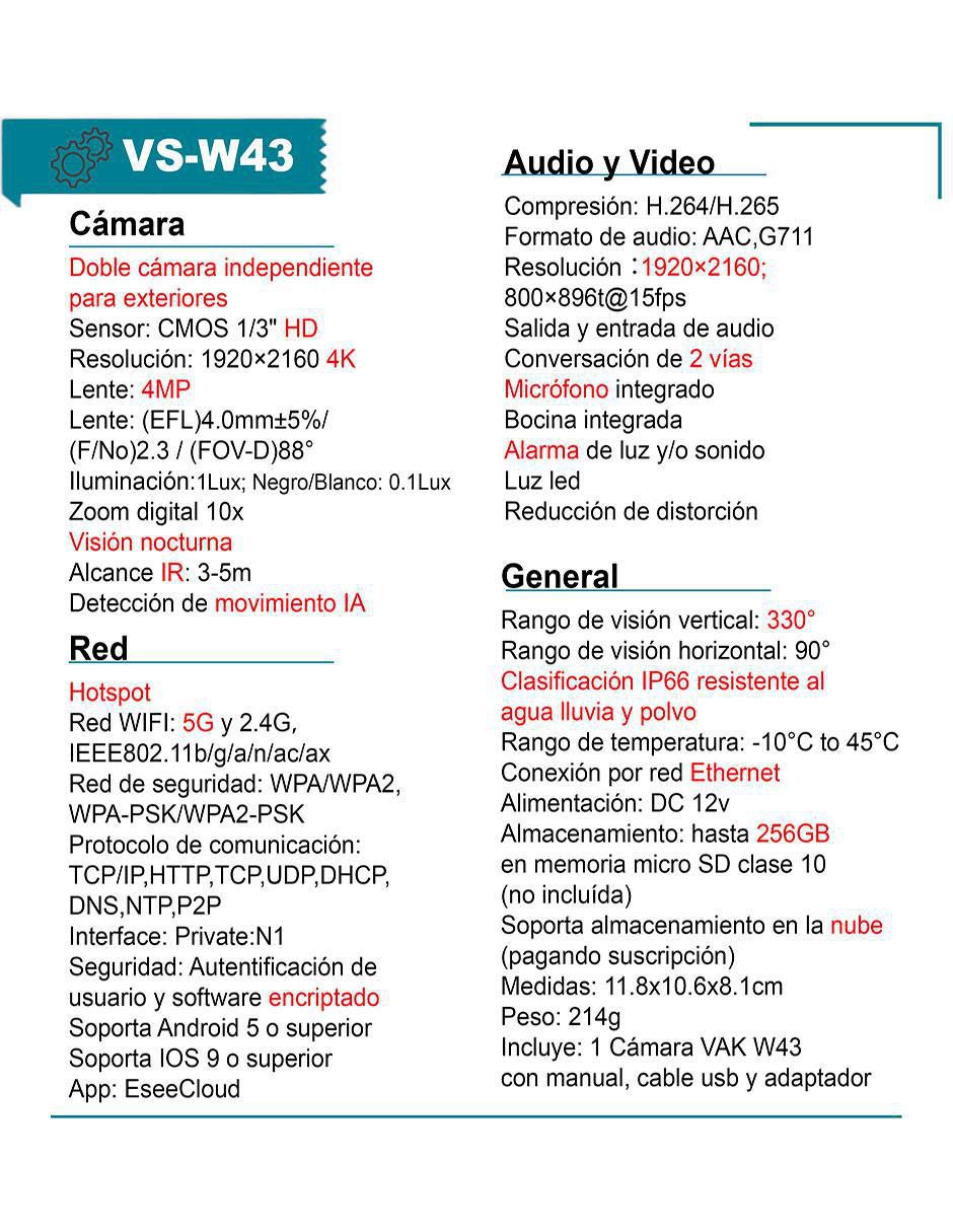 Cámara individual de seguridad modelo VS-W43 inalámbrica 4K/UHD 90° ​con capacidad de grabar y visión nocturna para interior y exterior 6