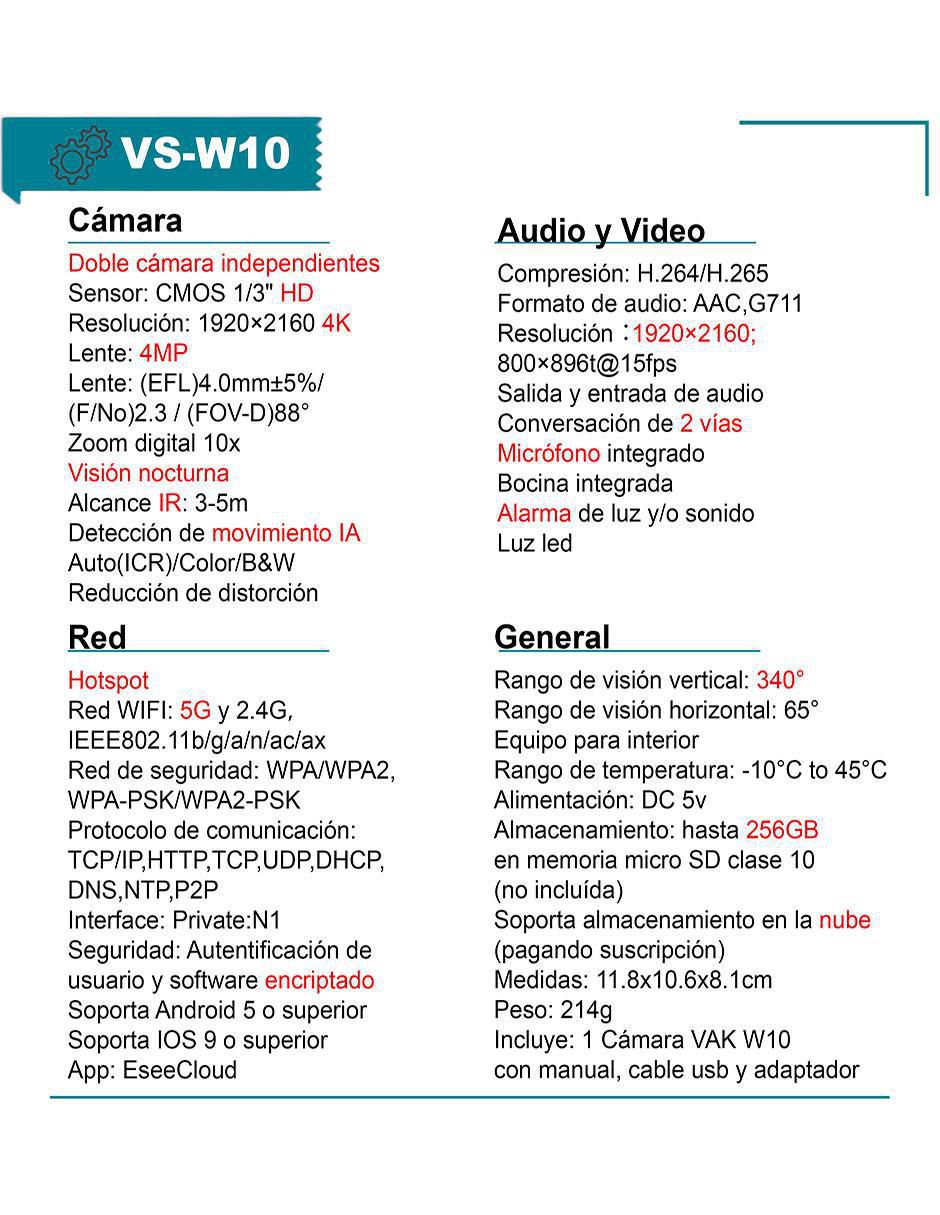 Cámara individual de seguridad modelo VS-W10 inalámbrica 4K/UHD 90° con capacidad de grabar y visión nocturna para interior 6