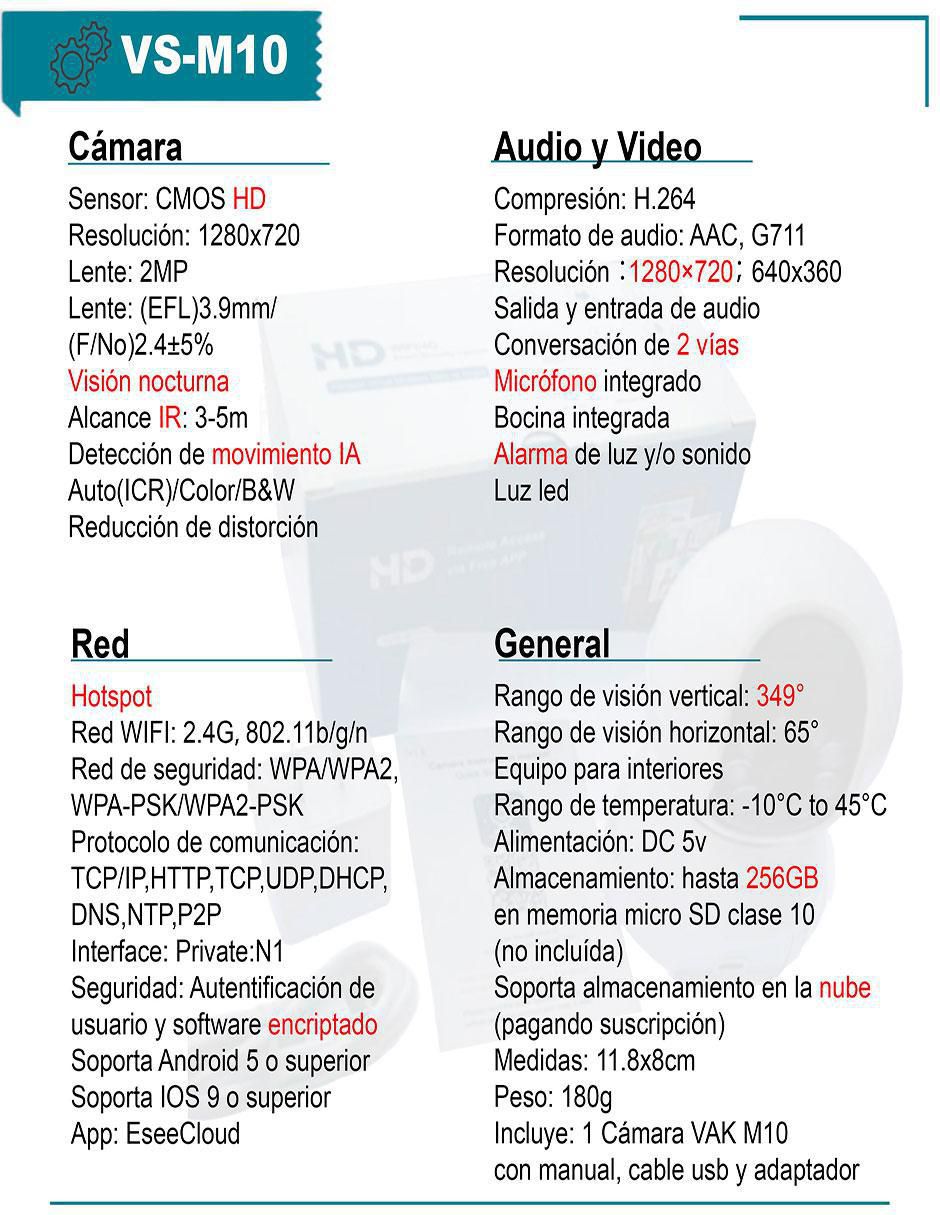 Cámara individual de seguridad Vak VS-M10 inalámbrica 4K/UHD 63° con capacidad de grabar con visión nocturna para interio